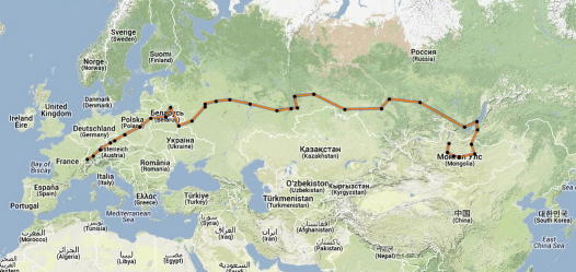 Map with the drawn route through Russia